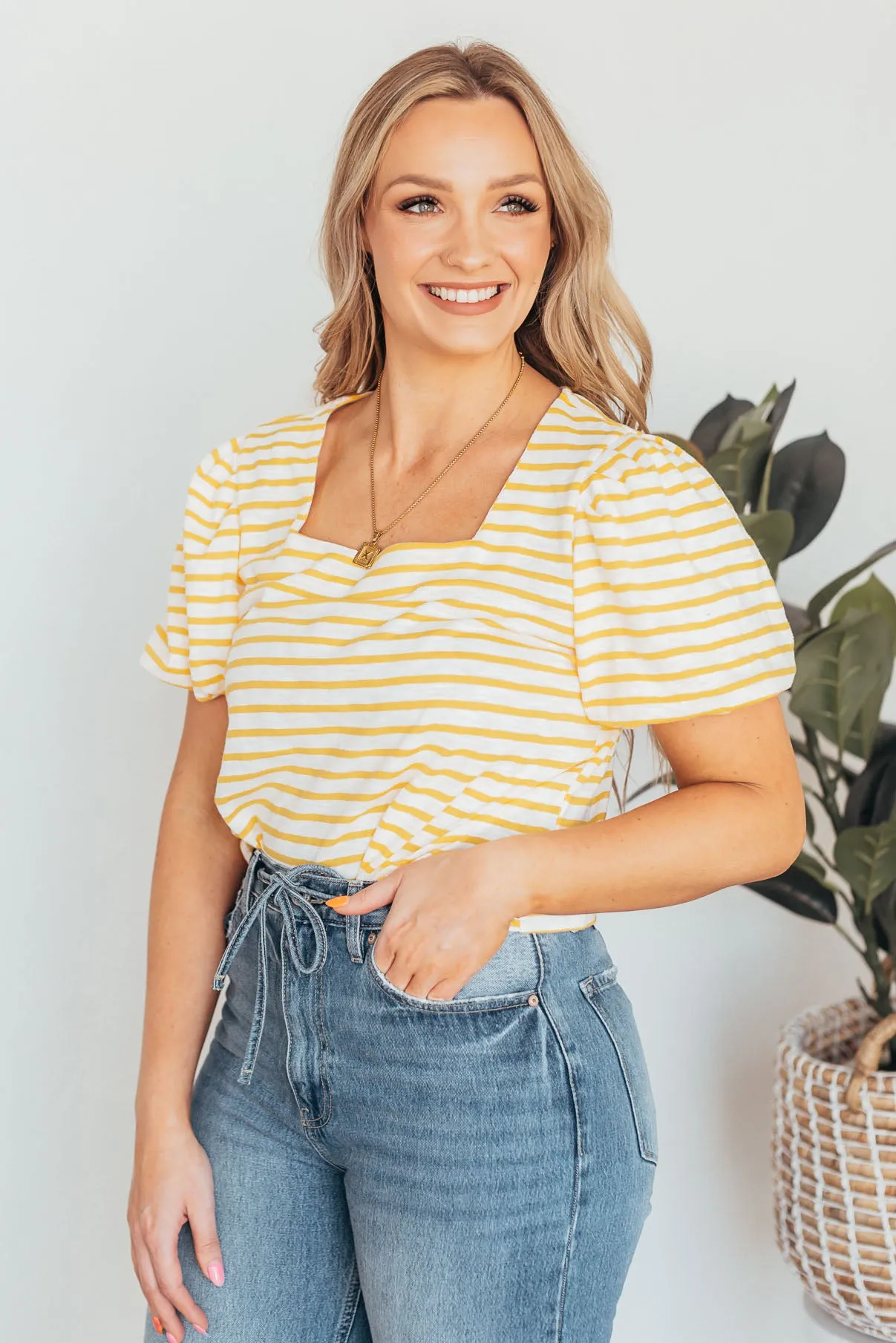 Amy Stripe Square Neck Bubble Sleeve Top