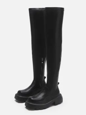 Black Knee High Boots Women Round Toe Flat Boots