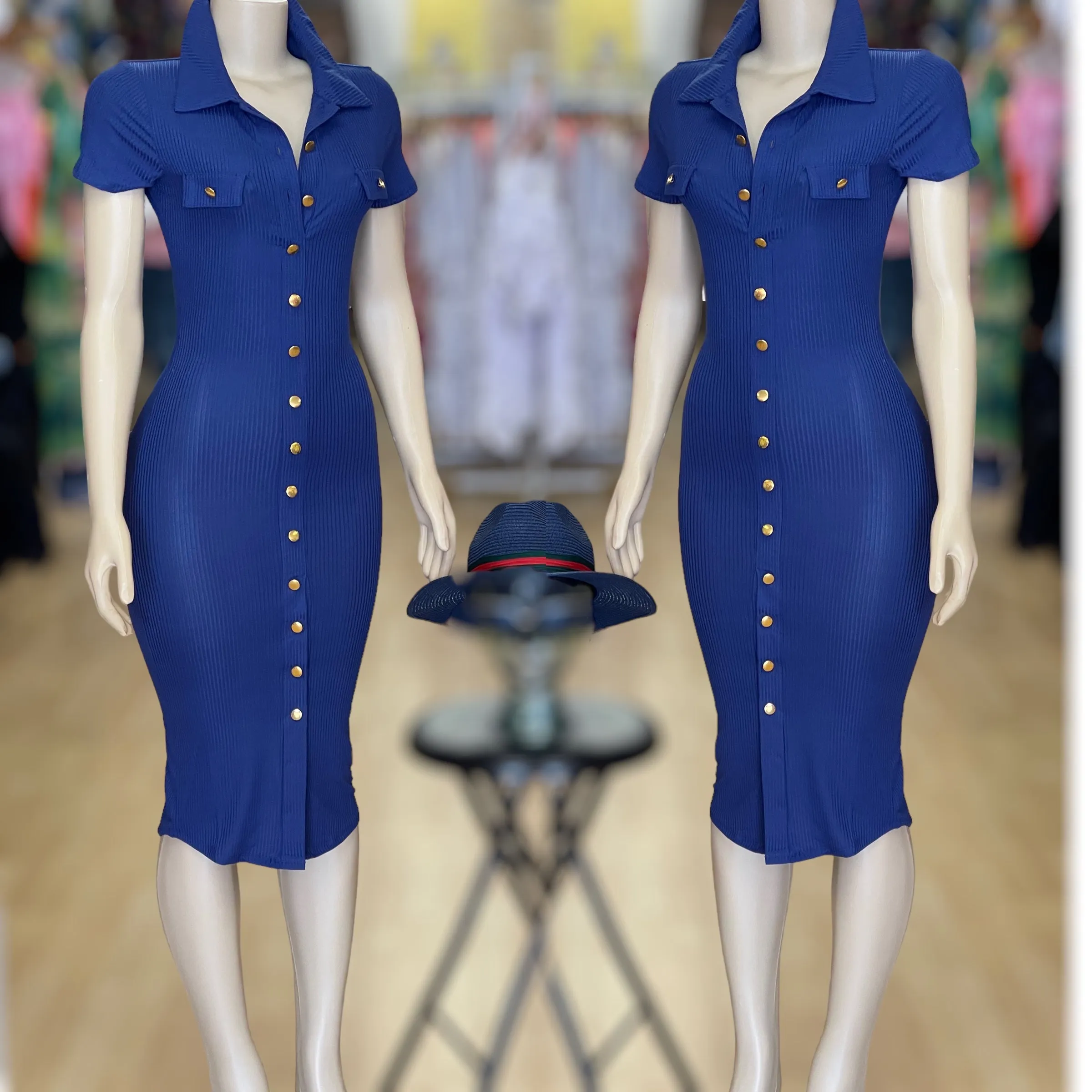 Blue Cotton Button Collar Dress