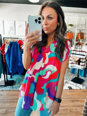 Blue/Fuchsia Mix Abstract Top