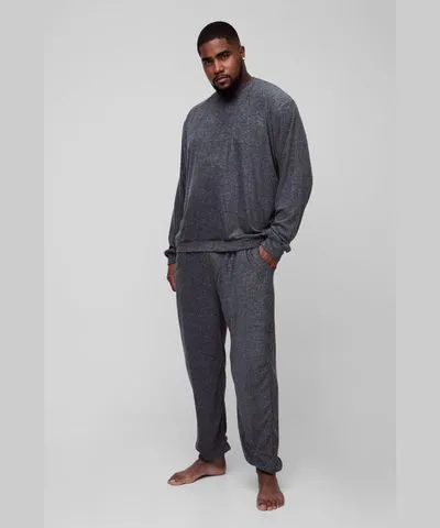 boohoo Mens Plus Soft Towelling Sweater & Jogger Lounge Set In Charcoal