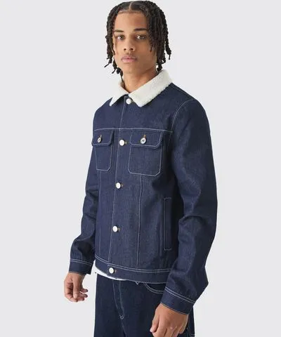 boohoo Mens Regular Borg Collar Contrast Stitch Indigo Jacket