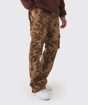 boohooMAN Mens Elasticated Waist Relaxed Flare Twill Printed Cargo Pants