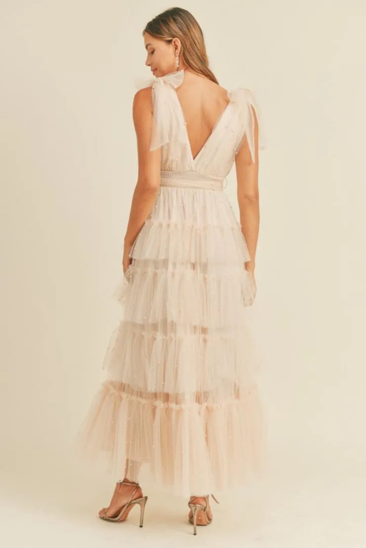 Carmella Nude Blush Tiered Tulle Maxi Dress