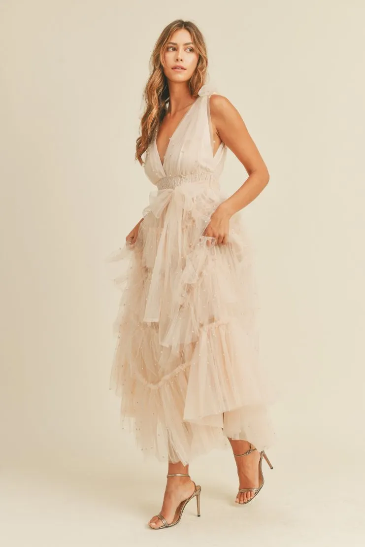 Carmella Nude Blush Tiered Tulle Maxi Dress