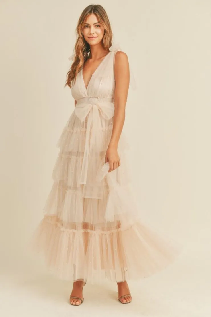 Carmella Nude Blush Tiered Tulle Maxi Dress