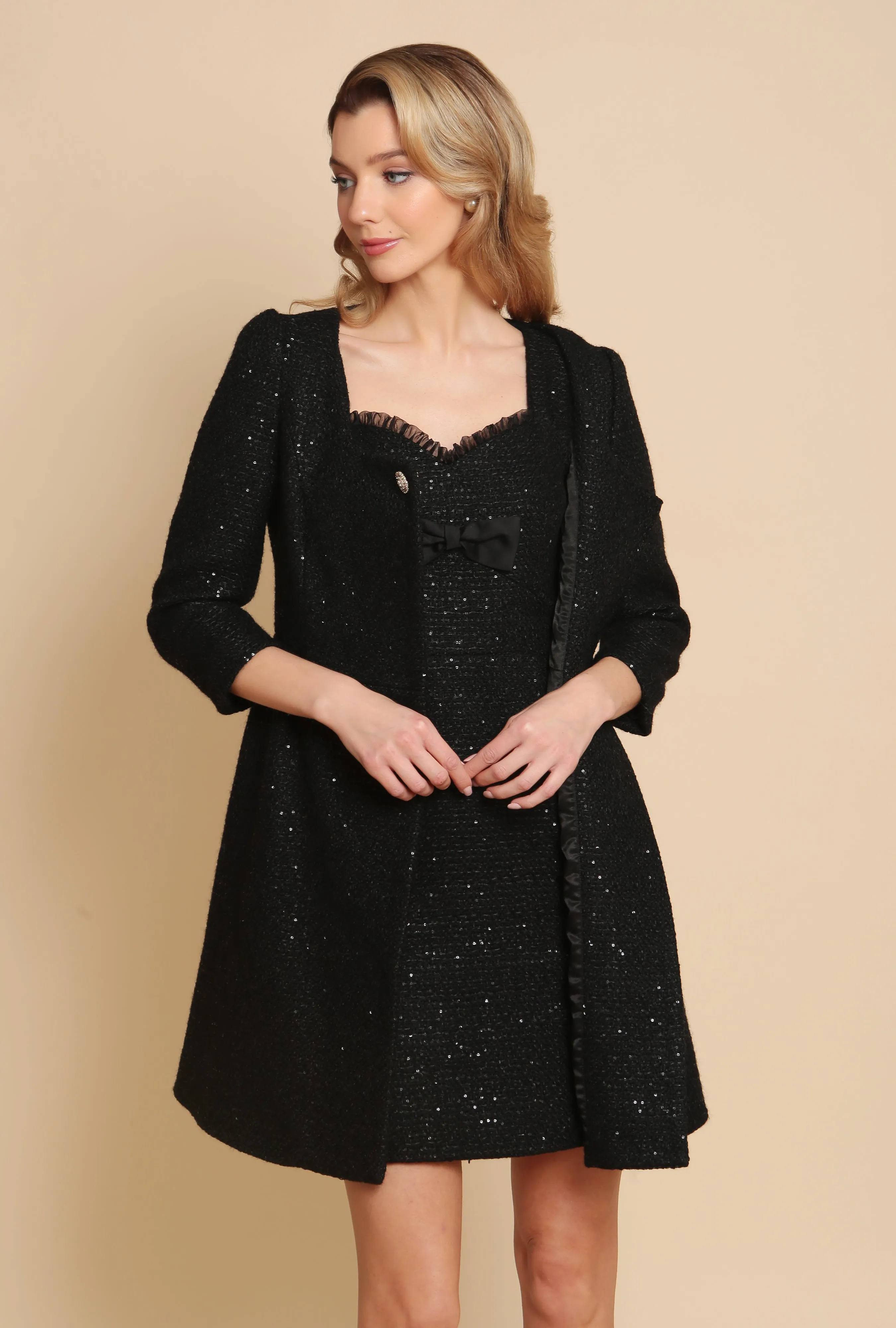 'Casablanca' Nero Wool Tweed Dress Coat