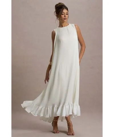 Club L London - USA Hazelle | Cream Chiffon A-Line Ruffled Maxi Dress