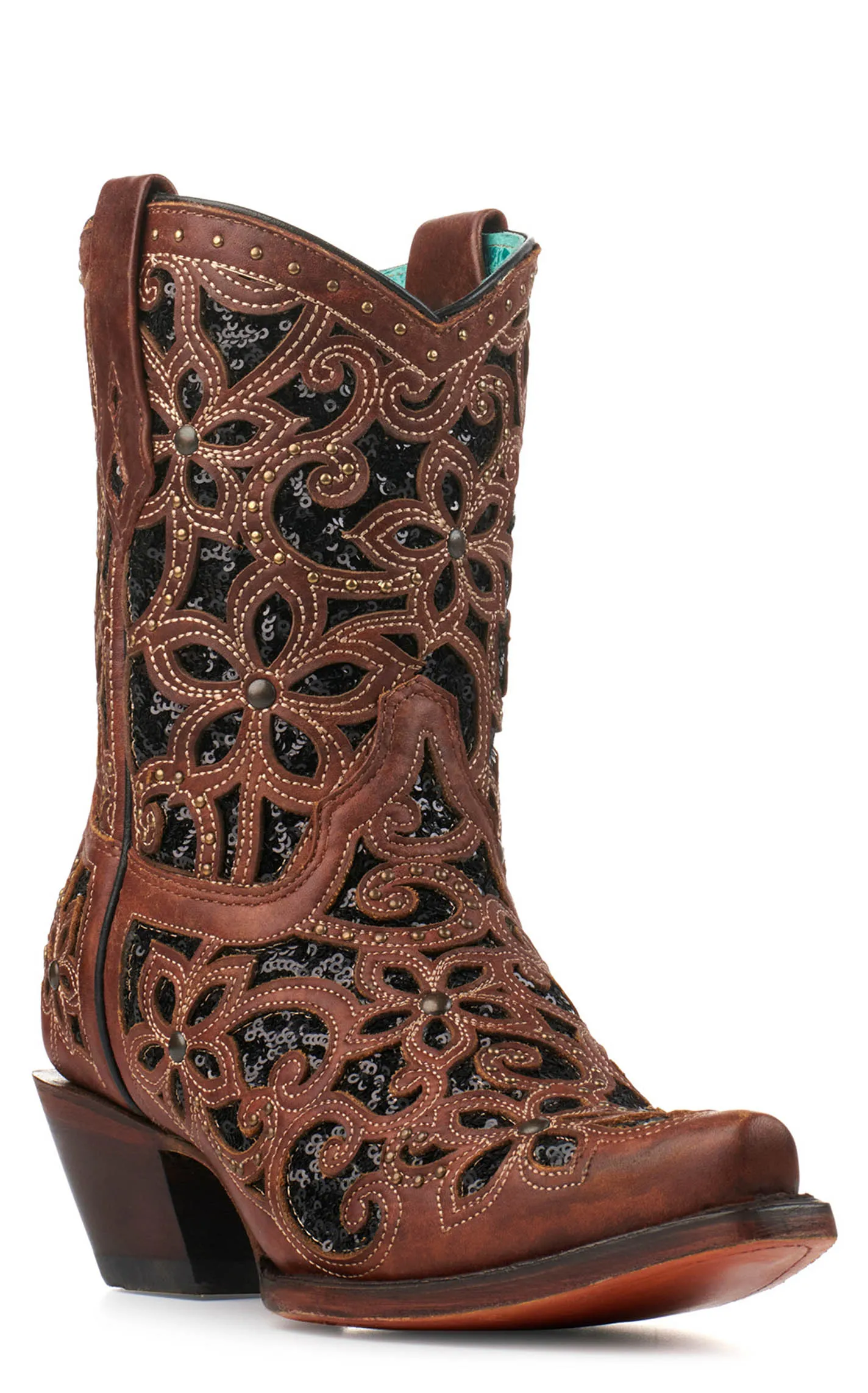 Corral Women's Brown with Black Glitter Inlay Snip Toe Cowboy Booties