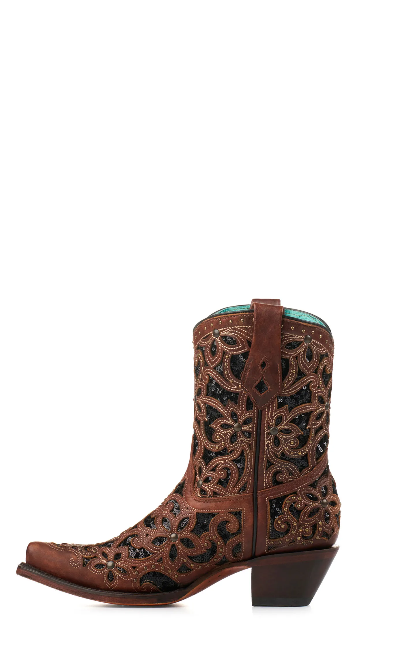 Corral Women's Brown with Black Glitter Inlay Snip Toe Cowboy Booties