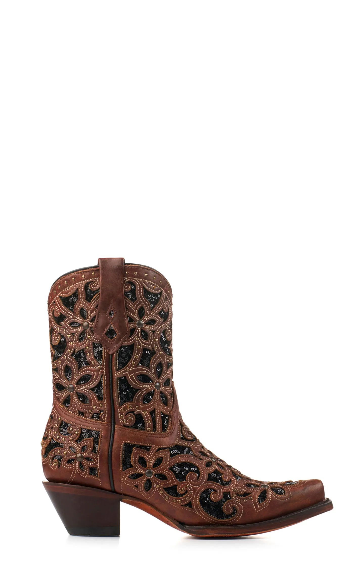 Corral Women's Brown with Black Glitter Inlay Snip Toe Cowboy Booties