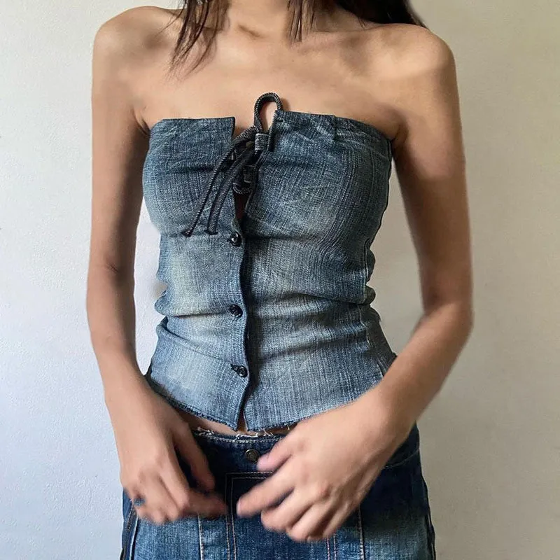 Denim Button-Up Tube Top