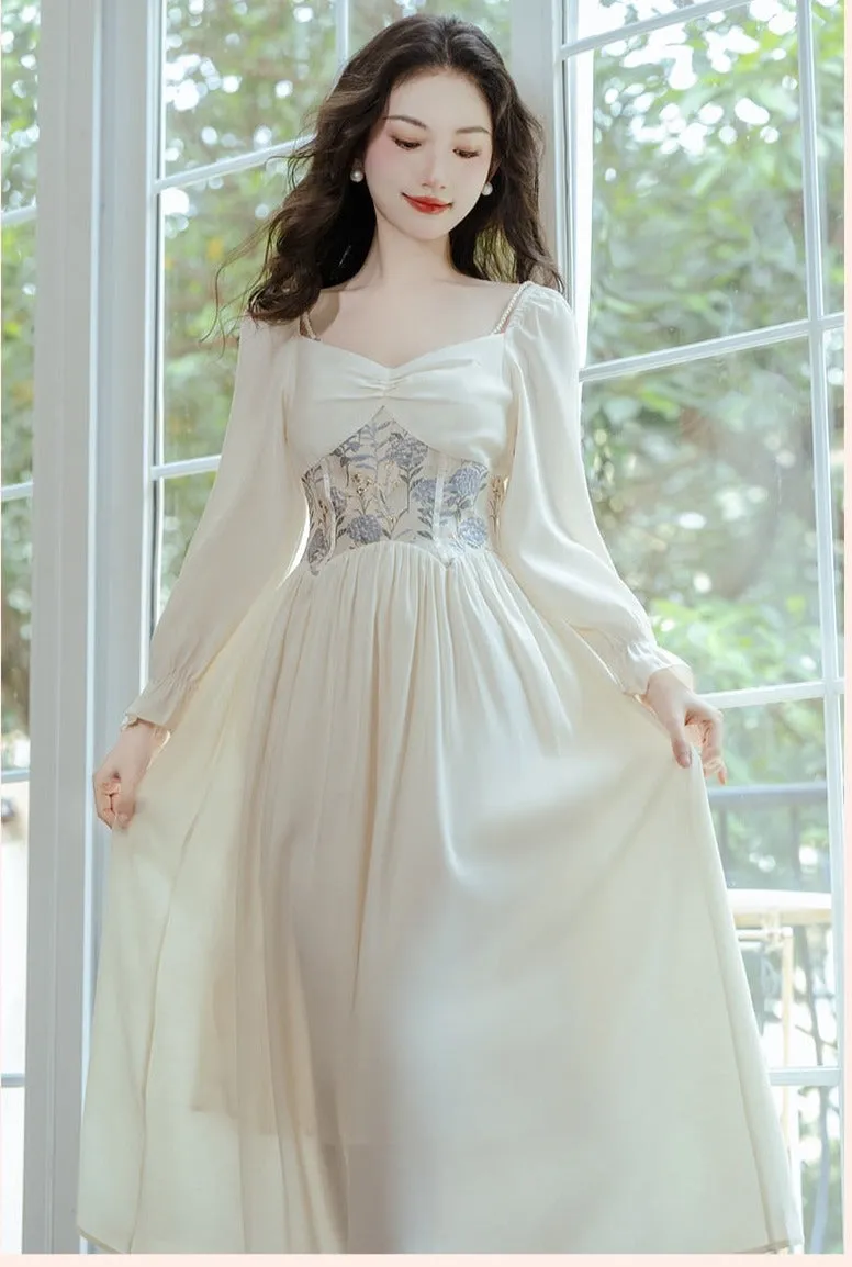 Fairycore Princess Dress with Pearl Shoulder Straps in Frozen Petals