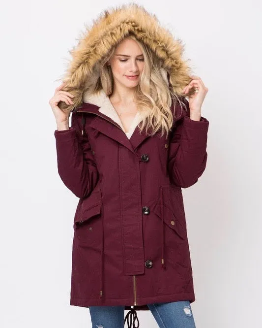 Faux Sherpa Lined Hooded Utility Parka Jacket - Wide Range of Colors Available