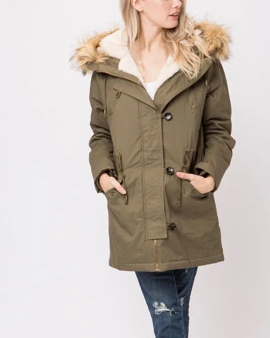 Faux Sherpa Lined Hooded Utility Parka Jacket - Wide Range of Colors Available