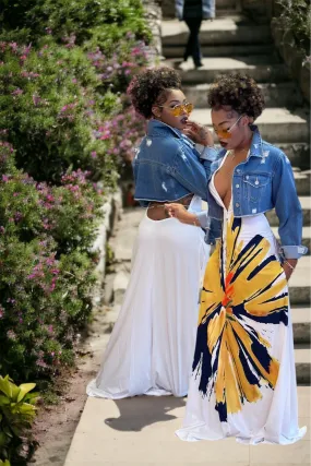 Floral White Dress with Neck Tie and Pocket Wrap