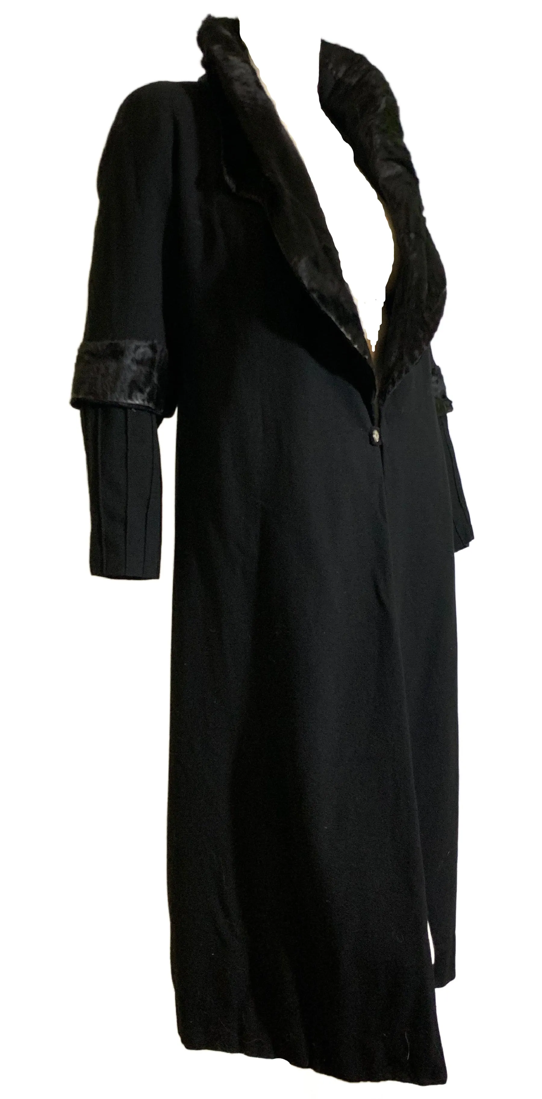 Glamorous Black Silk Coat with Black Fur Collar and Trim - 1920s