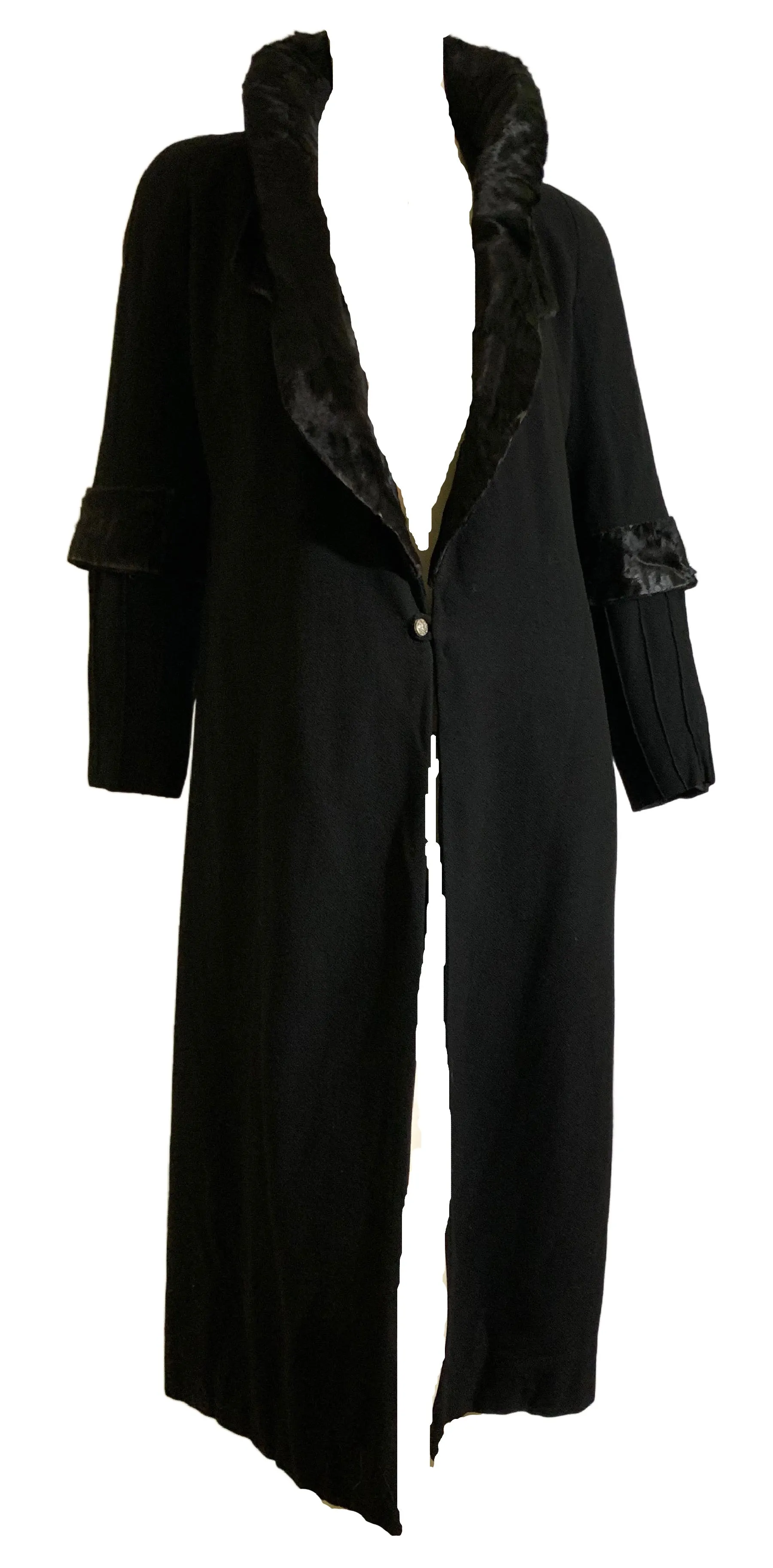 Glamorous Black Silk Coat with Black Fur Collar and Trim - 1920s