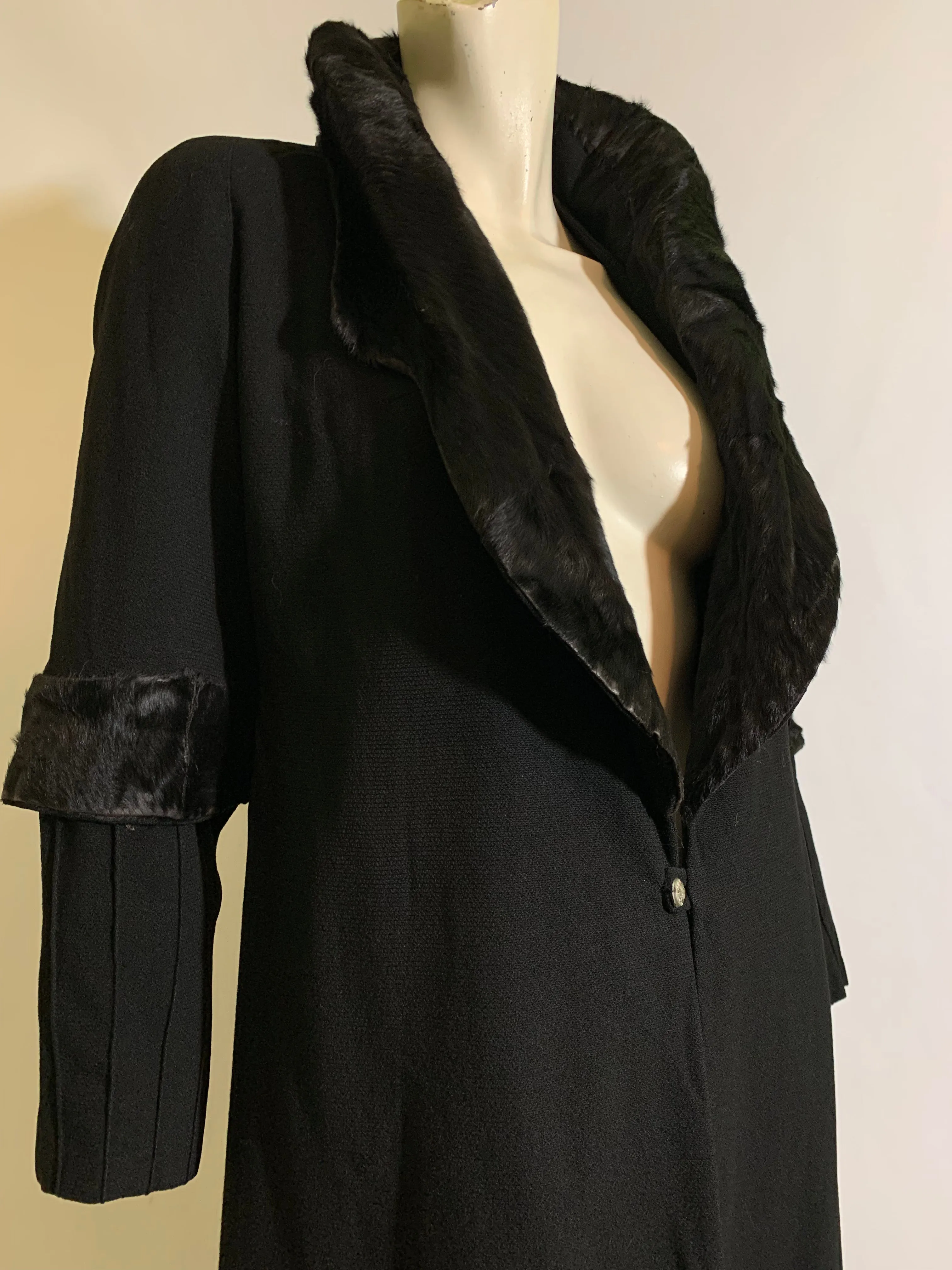 Glamorous Black Silk Coat with Black Fur Collar and Trim - 1920s