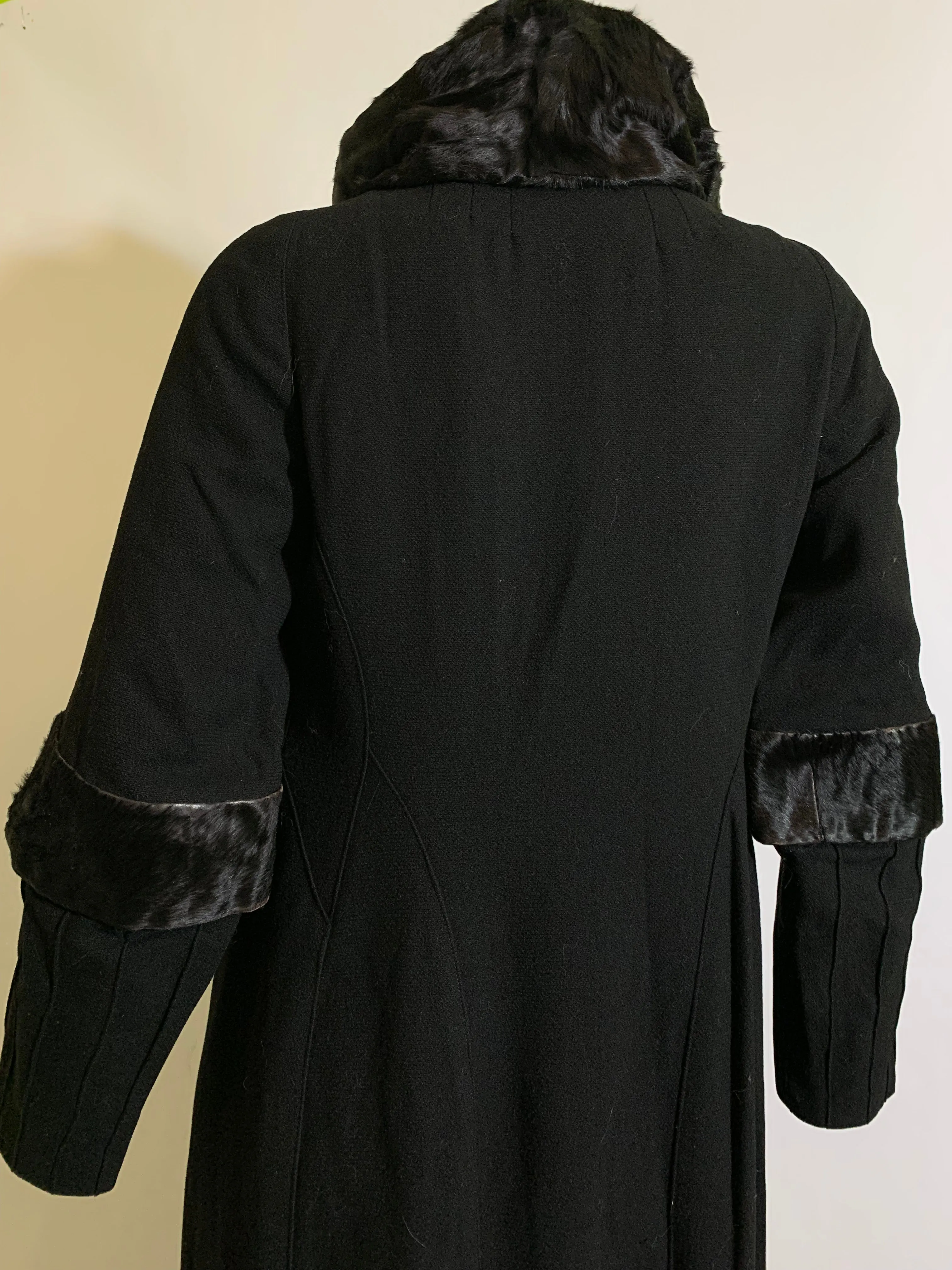 Glamorous Black Silk Coat with Black Fur Collar and Trim - 1920s