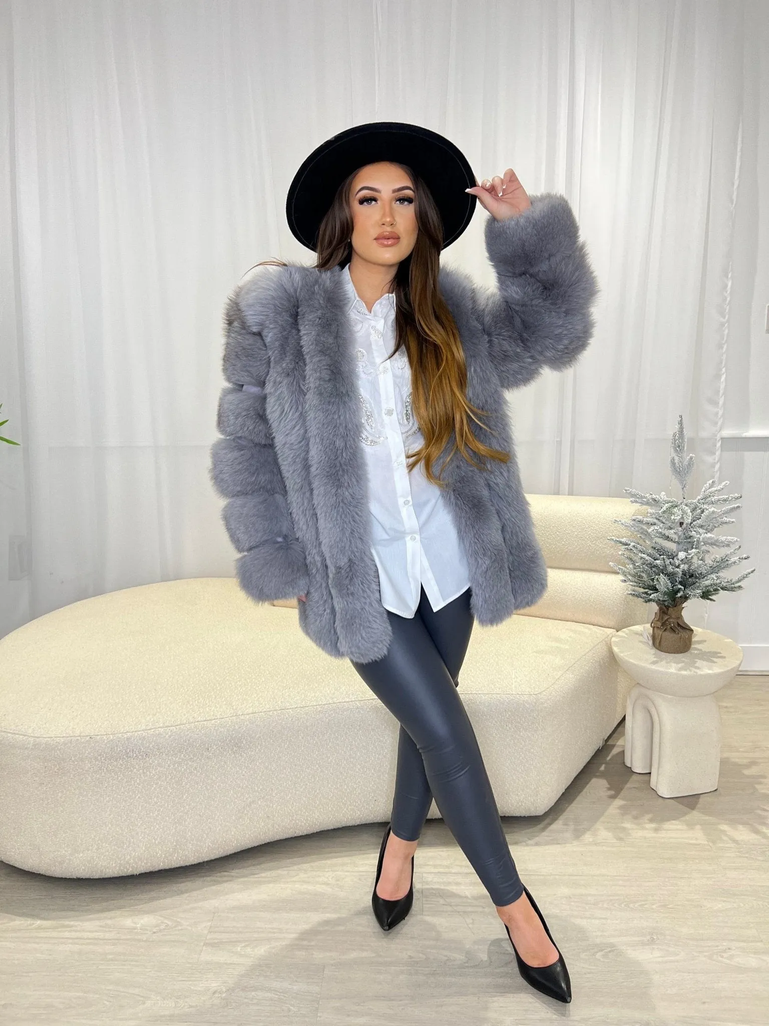 Grey Luxury Fur Mid Length Coat