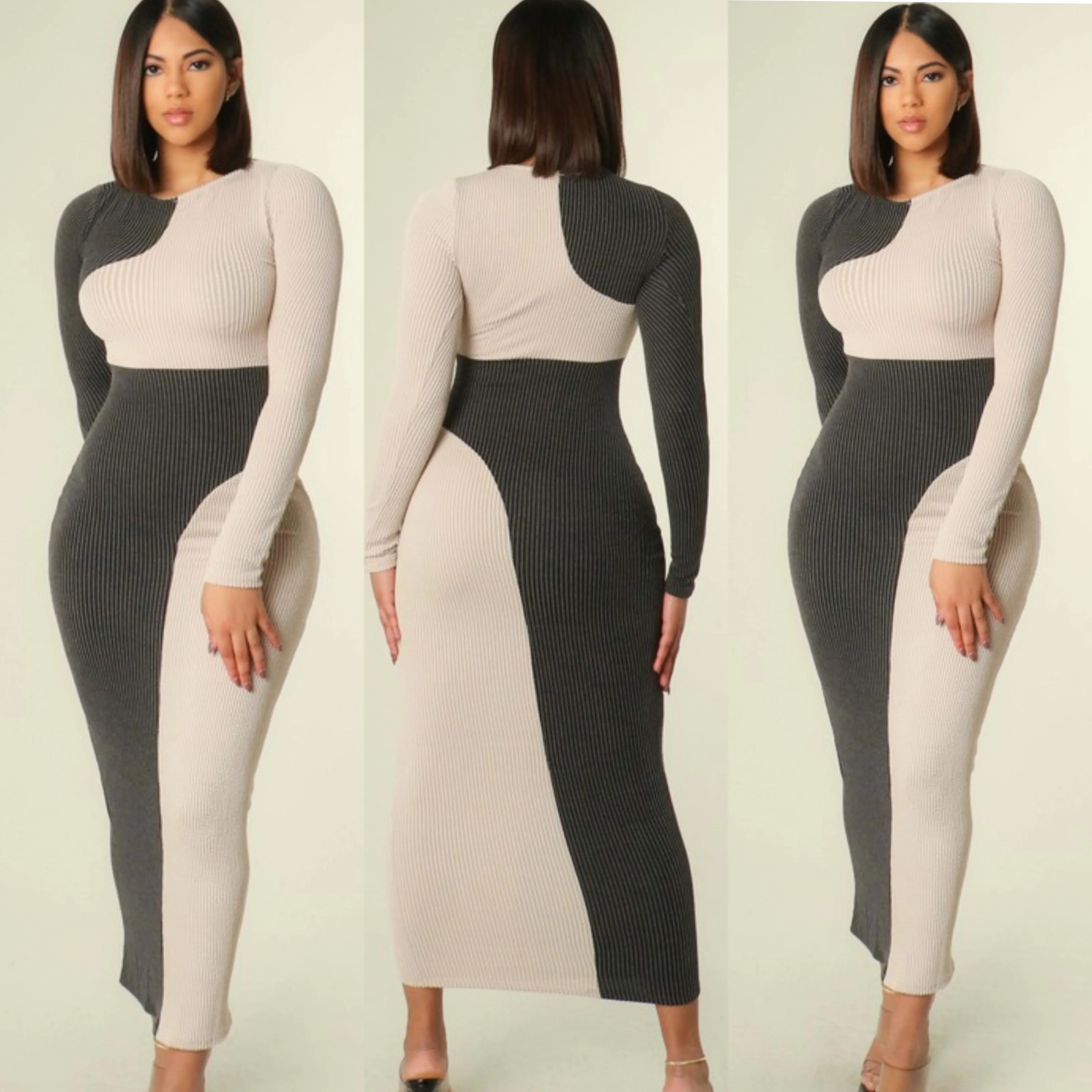 Grey mix ribbed bodycon long dress