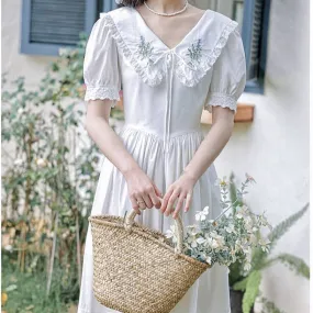 Heidi White Cottagecore Dress with Flower Embroidery