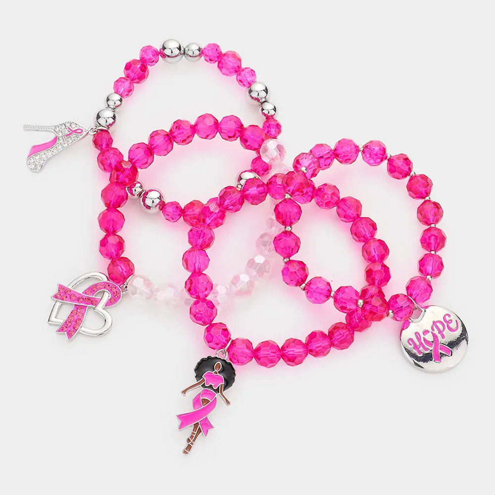 iLLASPARKZ 4PCS - Pink Ribbon Stiletto Heel Hope Message Afro Girl Charm Faceted Beaded Stretch Bracelets