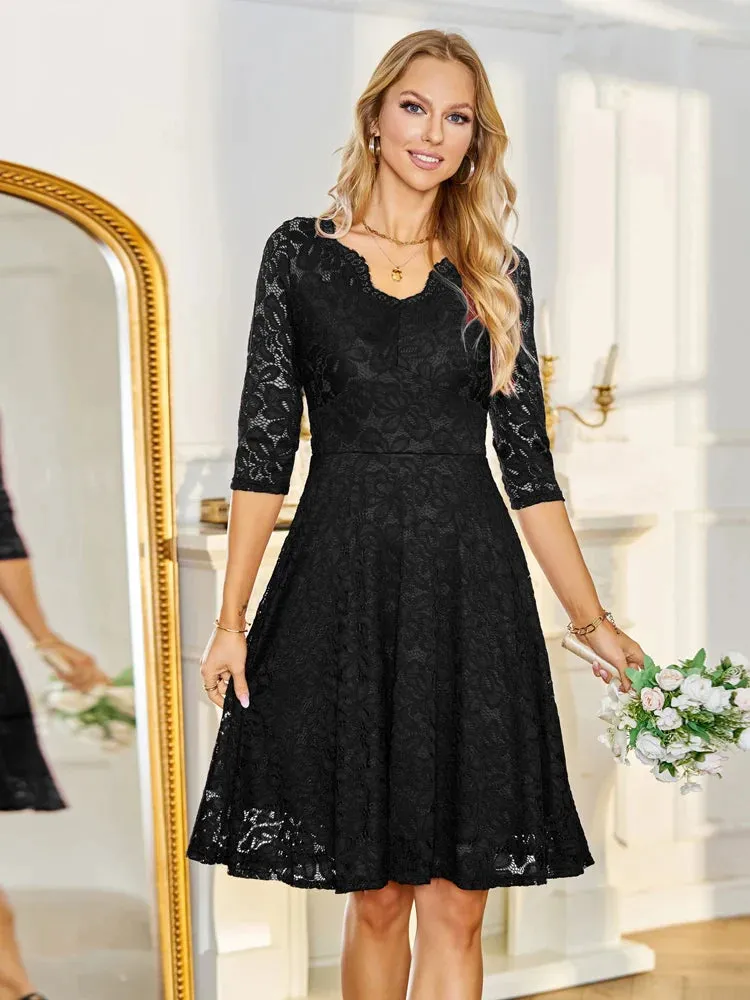 Lace Dress Party Evening Elegant Luxury Celebrity Scalloped V-Neck 3/4 Length Sleeve Women High Waist Vintage Dresses