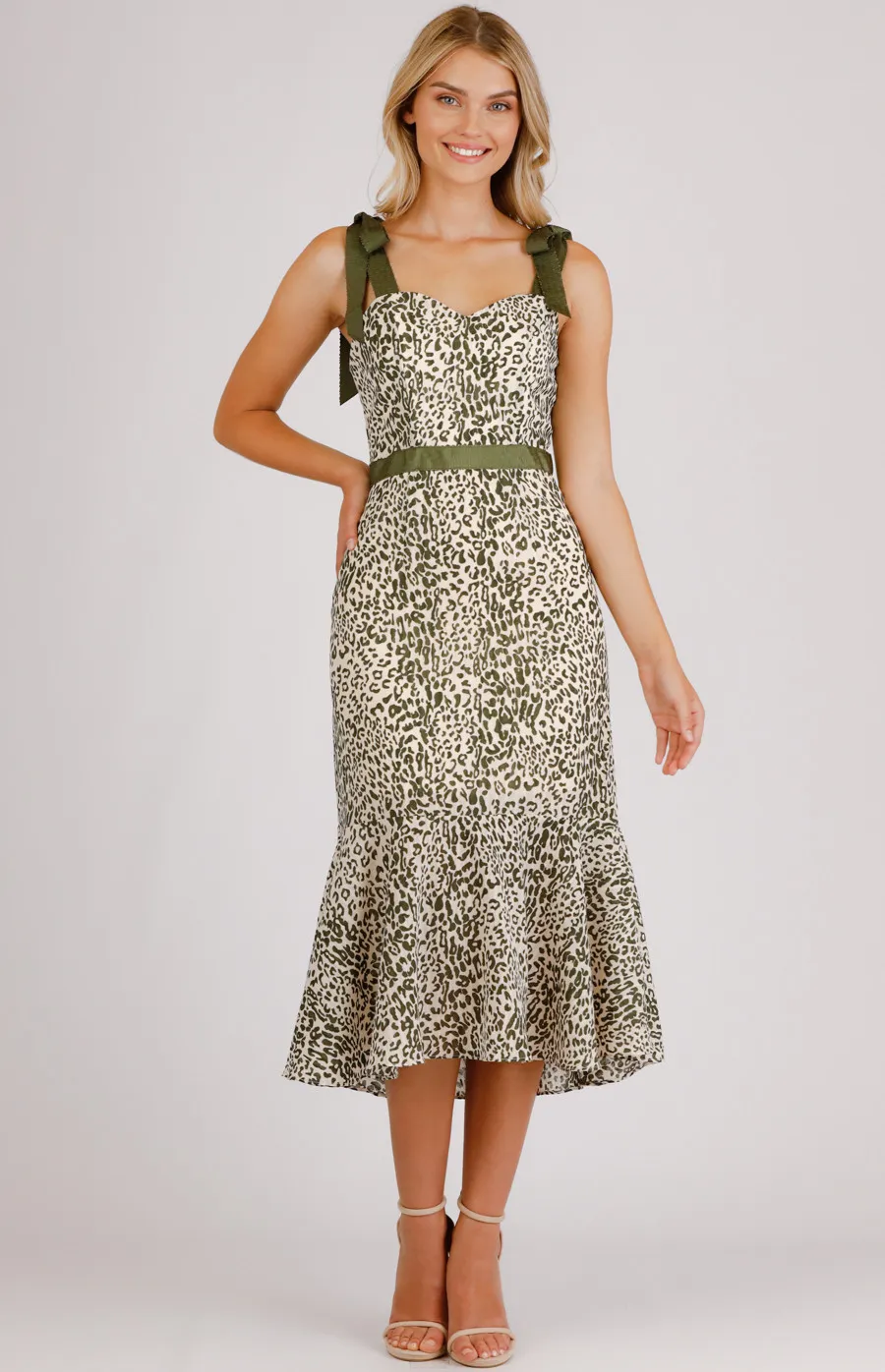 Leopard Printed Love Heart Neckline Midi Dress (SDR732B)