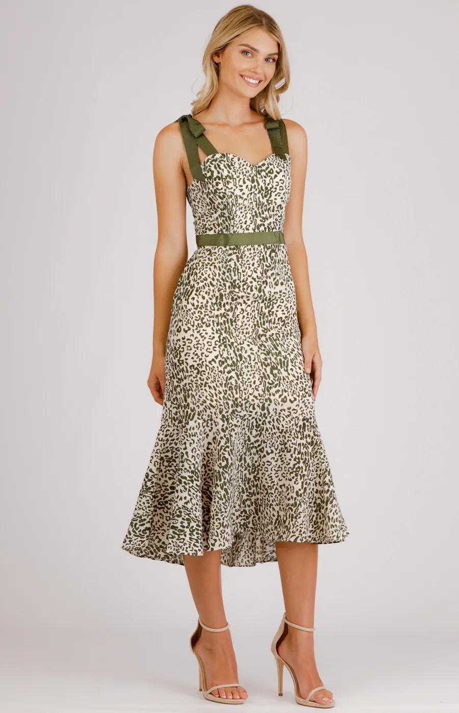 Leopard Printed Love Heart Neckline Midi Dress (SDR732B)