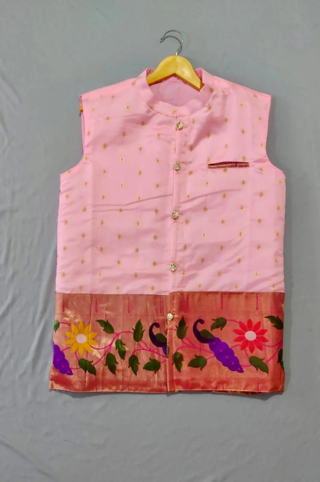 Men’s premium paithani jacket with peacock border - baby pink