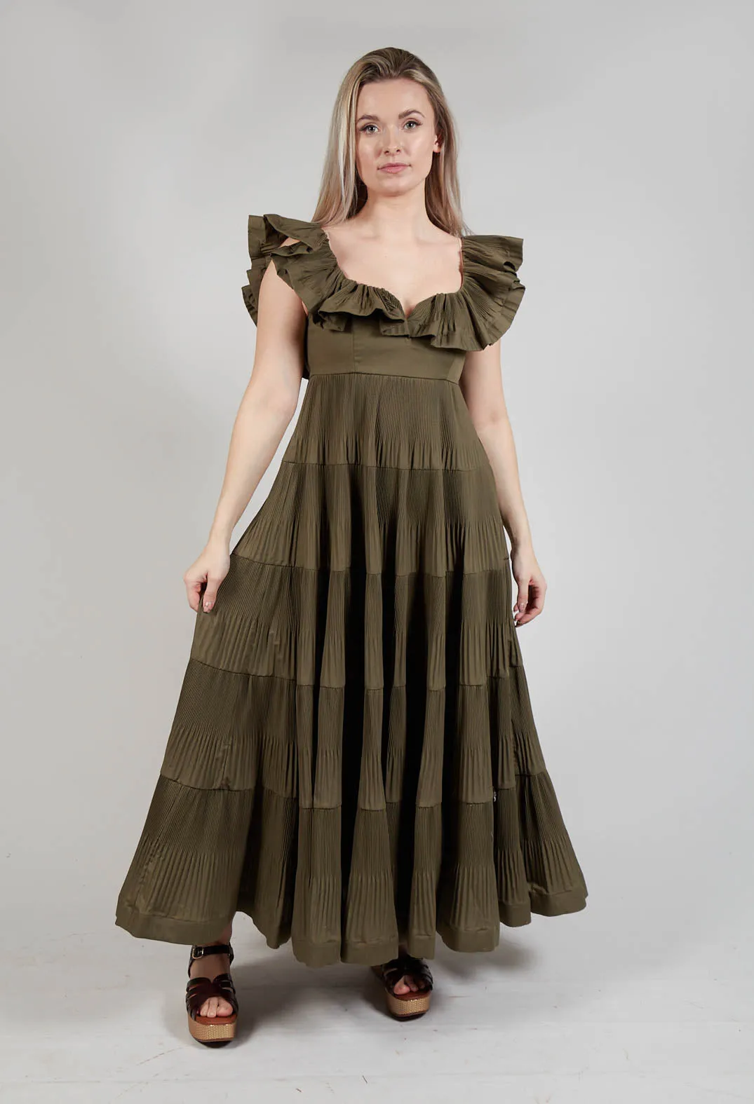 Off-Shoulder Ruffle Dress in Avocado