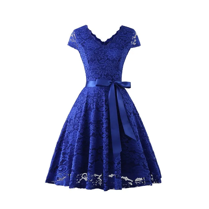 Office V-Neck Lace Knee-Length Women Dresses With Short Sleeves Sundress Female Vestidos New Arrival Chic Formal Party Dresses