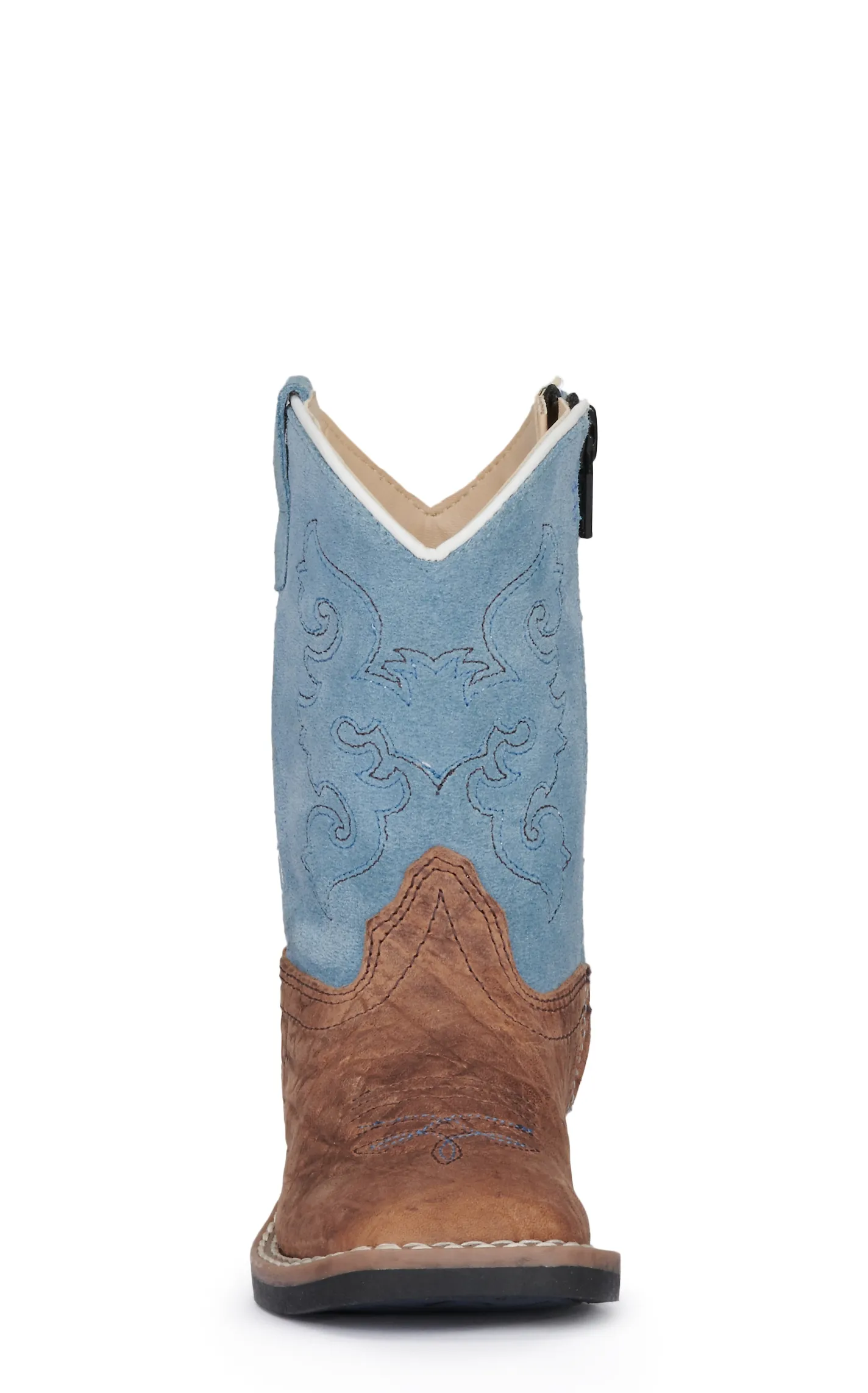 Old West Kid's Brown Bull Hide and Sky Blue Suede Wide Square Toe Cowboy Boots