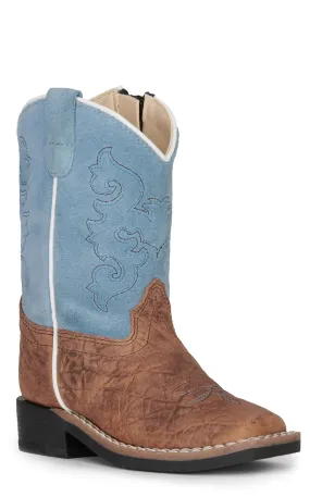 Old West Kid's Brown Bull Hide and Sky Blue Suede Wide Square Toe Cowboy Boots