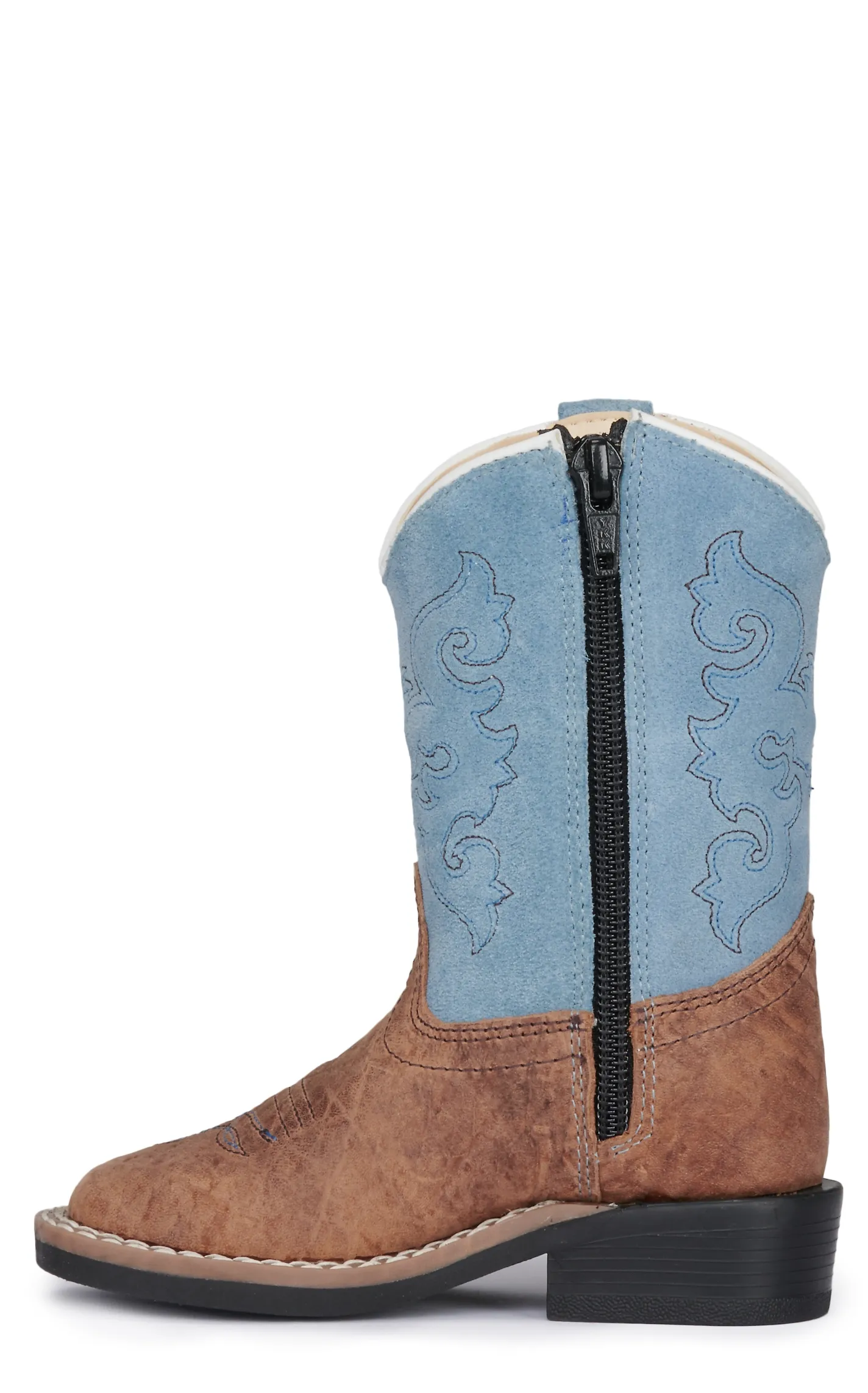 Old West Kid's Brown Bull Hide and Sky Blue Suede Wide Square Toe Cowboy Boots