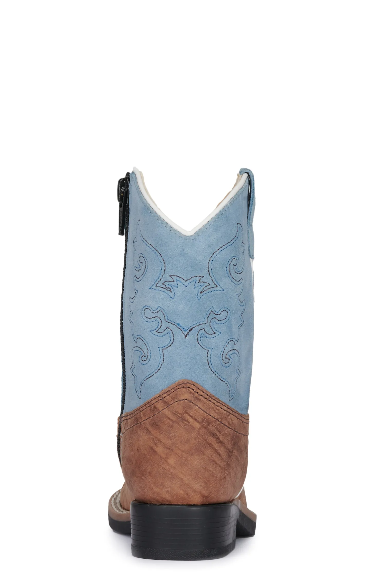 Old West Kid's Brown Bull Hide and Sky Blue Suede Wide Square Toe Cowboy Boots