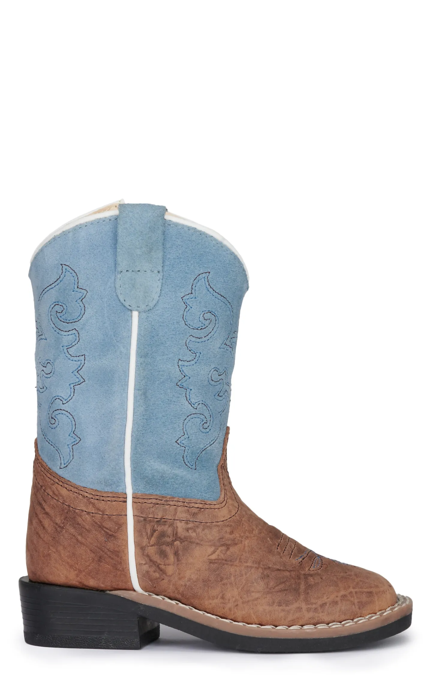 Old West Kid's Brown Bull Hide and Sky Blue Suede Wide Square Toe Cowboy Boots