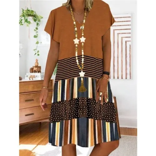 Pleated Skirt Casual V Neck Printing Short Sleeve Printing Knee-length