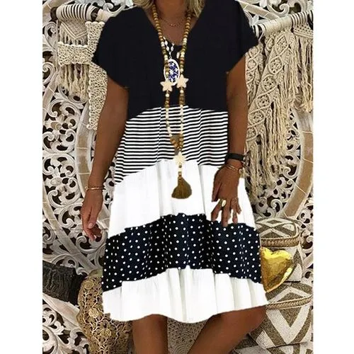 Pleated Skirt Casual V Neck Printing Short Sleeve Printing Knee-length