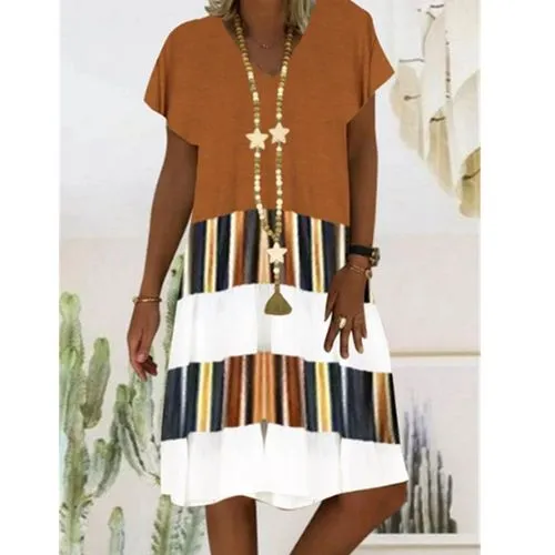 Pleated Skirt Casual V Neck Printing Short Sleeve Printing Knee-length