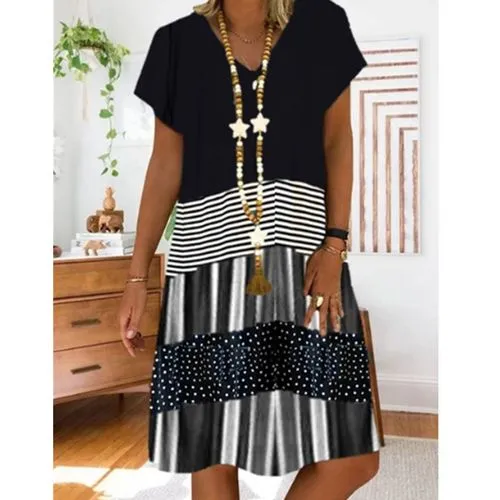 Pleated Skirt Casual V Neck Printing Short Sleeve Printing Knee-length