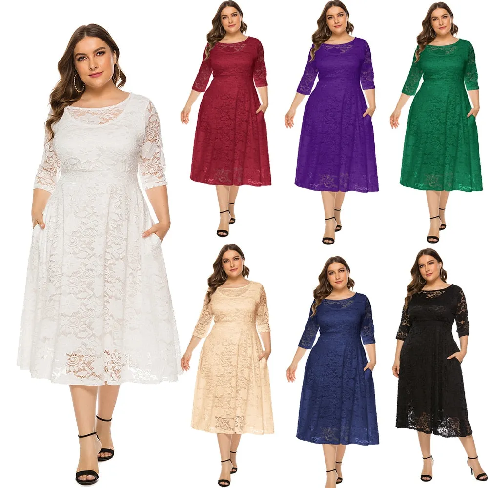 Plus Size Lace Evening Dress A-line Tea-length Dress with Pockets for Party vestidos de fiesta de noche Half Sleeve Family Party