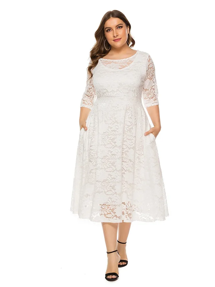 Plus Size Lace Evening Dress A-line Tea-length Dress with Pockets for Party vestidos de fiesta de noche Half Sleeve Family Party