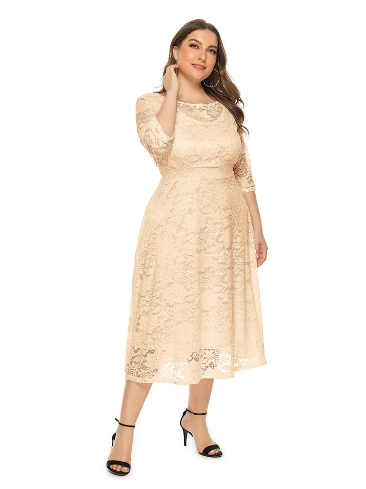 Plus Size Lace Evening Dress A-line Tea-length Dress with Pockets for Party vestidos de fiesta de noche Half Sleeve Family Party