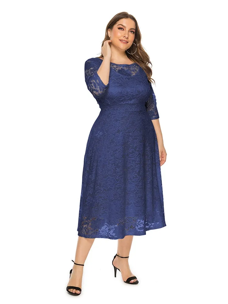 Plus Size Lace Evening Dress A-line Tea-length Dress with Pockets for Party vestidos de fiesta de noche Half Sleeve Family Party