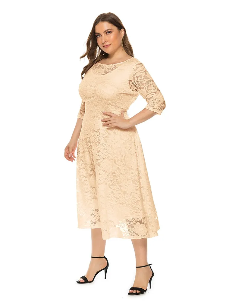 Plus Size Lace Evening Dress A-line Tea-length Dress with Pockets for Party vestidos de fiesta de noche Half Sleeve Family Party