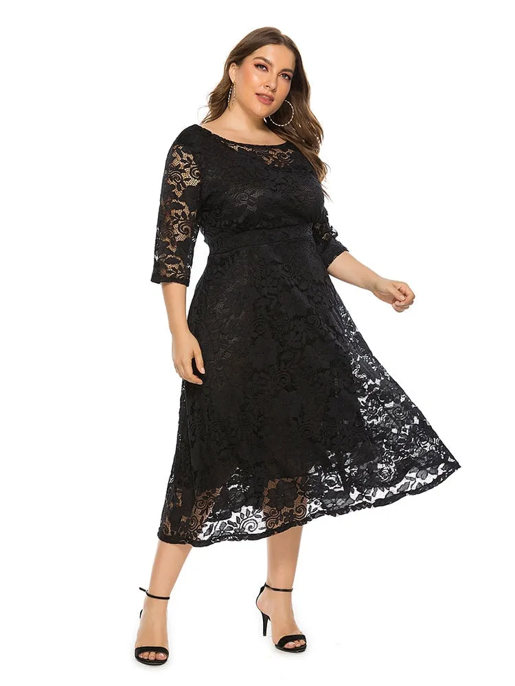 Plus Size Lace Evening Dress A-line Tea-length Dress with Pockets for Party vestidos de fiesta de noche Half Sleeve Family Party