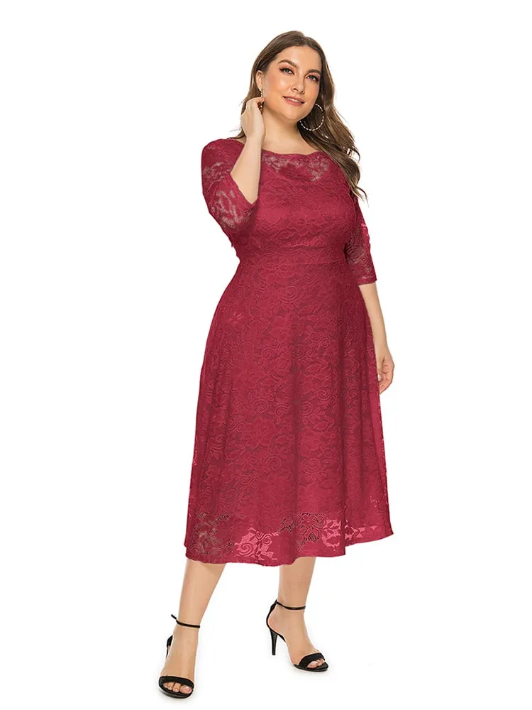 Plus Size Lace Evening Dress A-line Tea-length Dress with Pockets for Party vestidos de fiesta de noche Half Sleeve Family Party